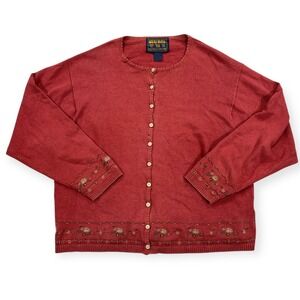 Vintage Woolrich Sweater Women's Large‎ Coral Cardigan Button Knit Ramie Blend